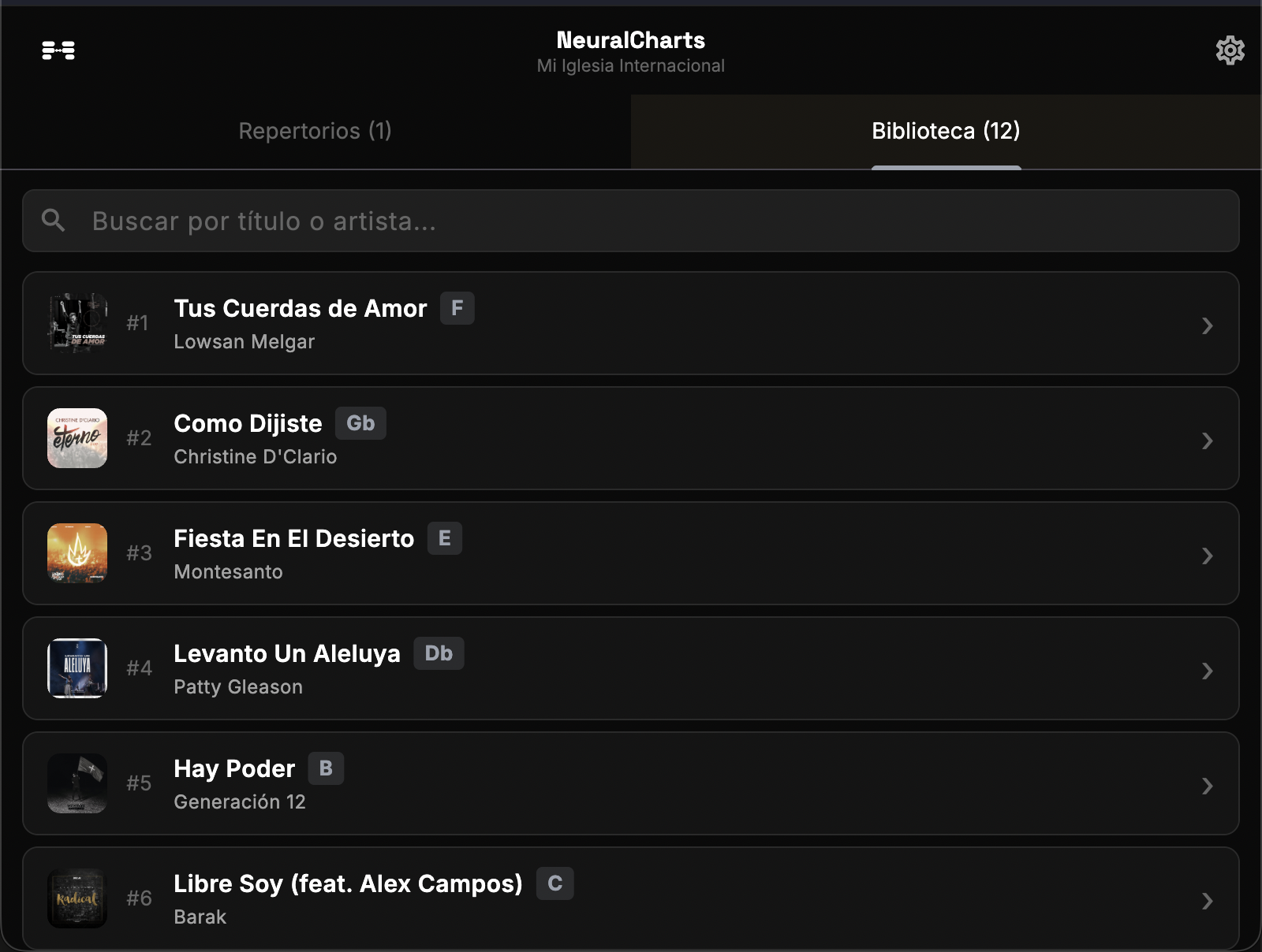 Biblioteca de canciones en NeuralCharts