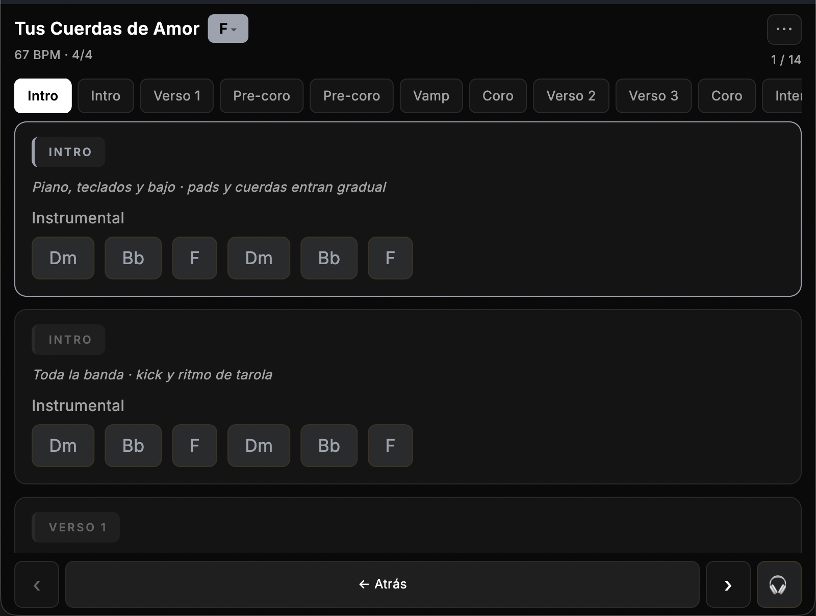 Vista de sección instrumental en NeuralCharts