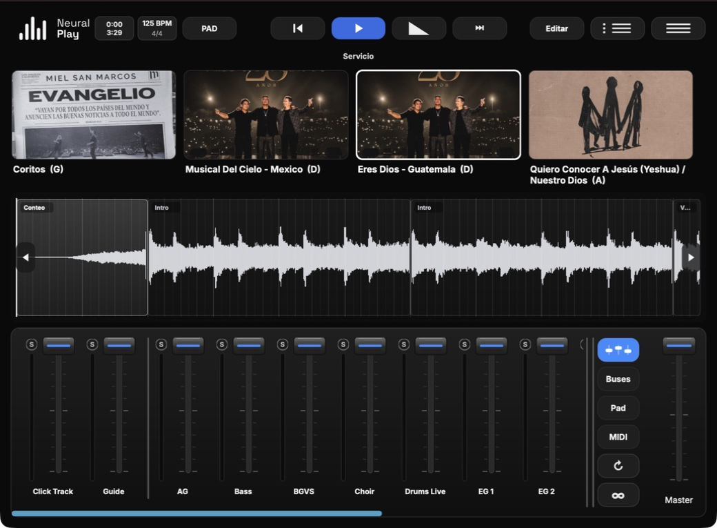 Mezclador de NeuralPlay con faders por instrumento, forma de onda y transporte